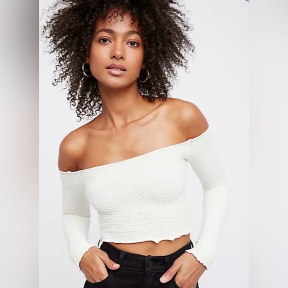 Free People Textured Long Sleeve Crop, Ivory, size xs/sm